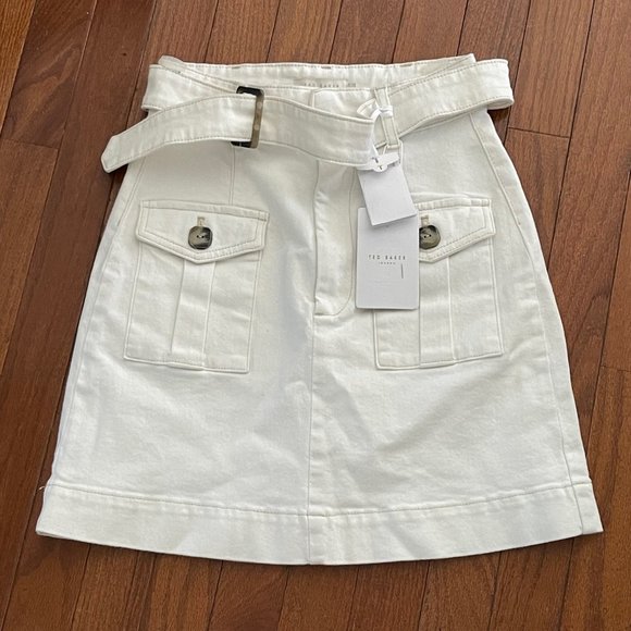 New Ted Baker Cream Eriike Utility Denim Mini Skirt with Front Pockets Size 2 - Picture 12 of 16